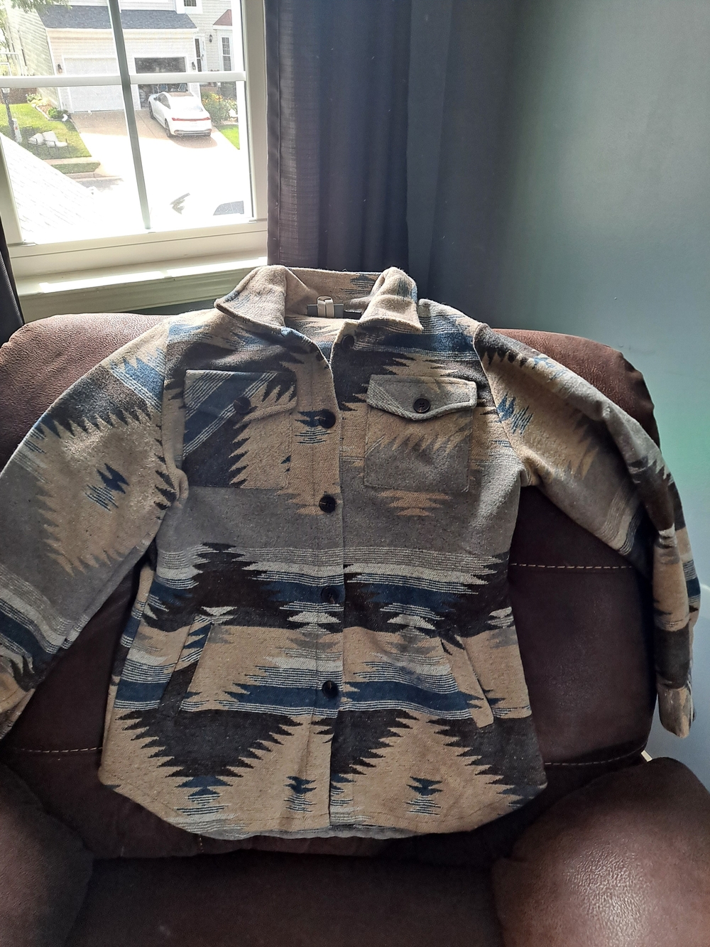 Pulse Southwestern Print Button-Up in Beige, Blue, and Charcoal